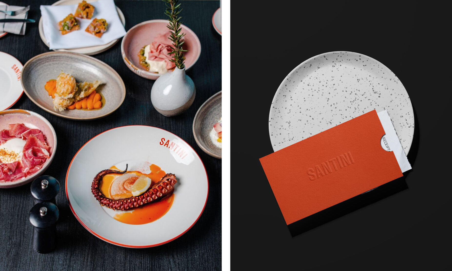Santini restaurant branding, QT Perth, brand identity, logo design, graphic design, hospitality branding, Toben